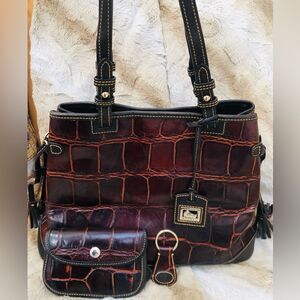 Dooney & Bourke Croco Embossed Leather Tassels Satchel Bag Black Brown 3 PC